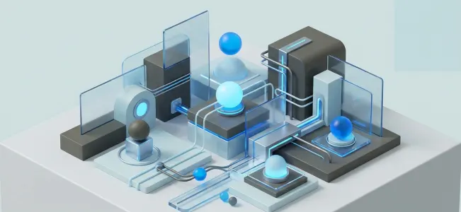 Inovacijos ir technologijos Švytinčiomis mėlynomis linijomis sujungti blokai, rutuliai ir skaidrios plokštės, primenantys technologijų tinklą.